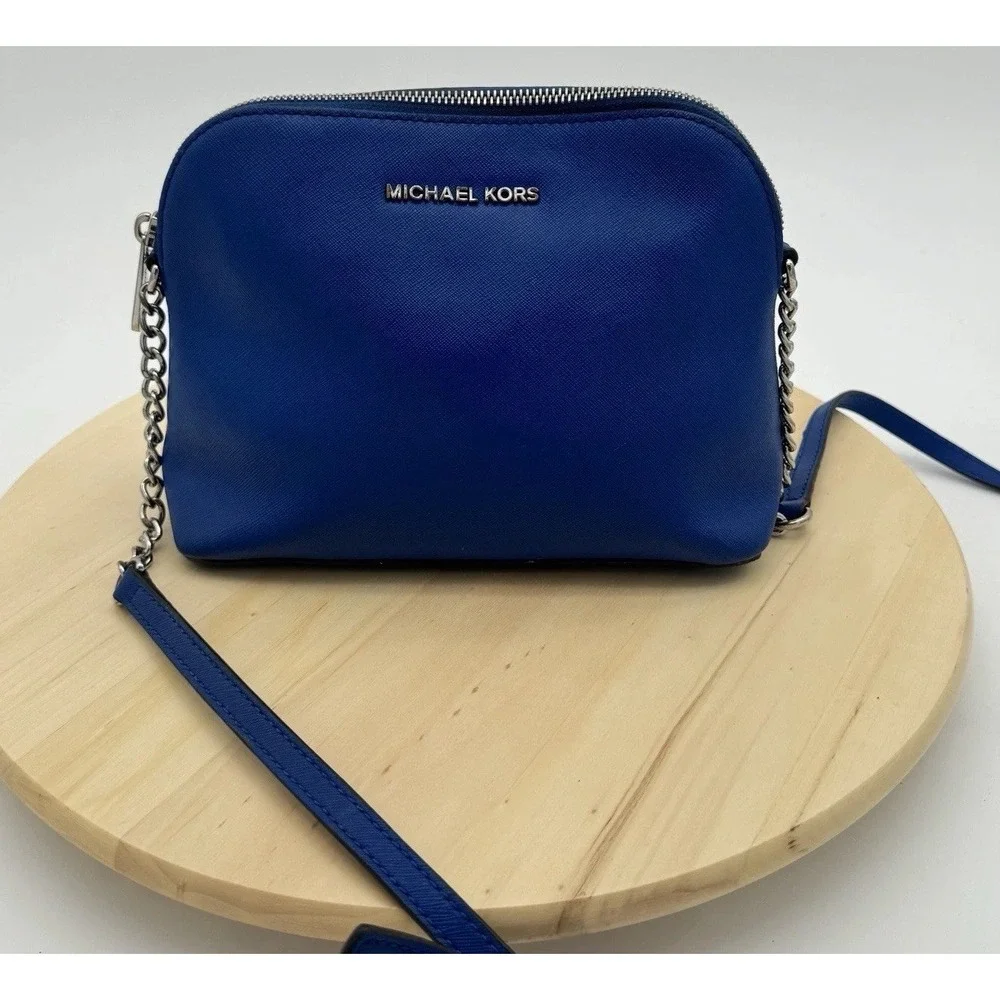 Michael Kors Cindy Crossbody‎ Bag Blue Saffiano Leather Chain Strap Small Purse